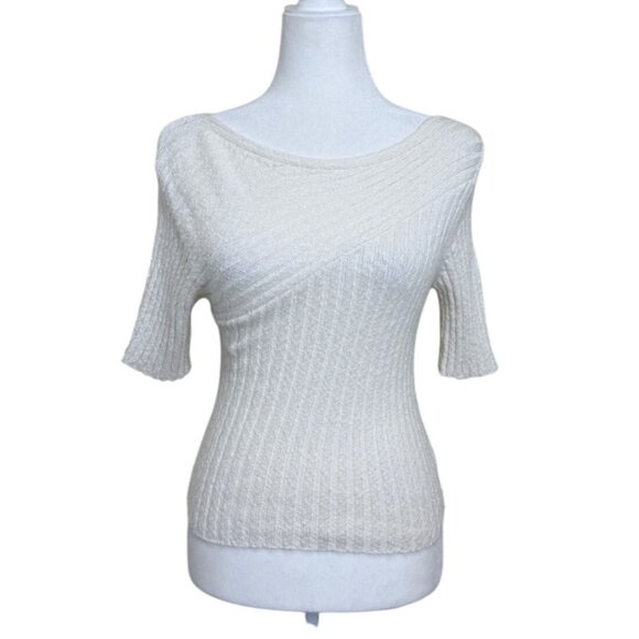 Maeve Anthropologie Ribbed Knit Short Sleeve Sweater Top Cream Womens Size S - Picture 1 of 8